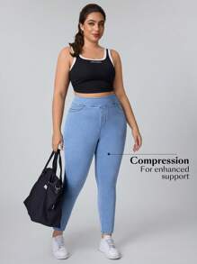 Flexra 大码口袋侧拉链修身休闲弹力针织牛仔裤，适合日常穿着 - 淺色水洗藍 - 查看 3