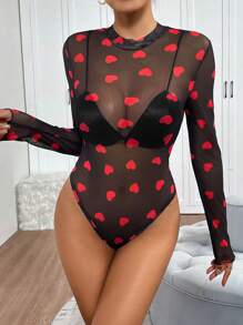 Chiquease Body estilo envolvente con estampado de corazón, transparente y sexy personalizado - Negro - Ver 4
