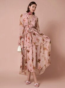 Enchnt Women's Romantic Floral Print Front Tie Ruffle Decoration Lantern Long Sleeve Dress,For Romantic Dinner Dates,Holiday Dresses,Vacation Dresses,Valentine's Day - Pink - View 7