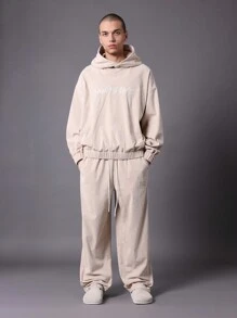 SUMWON Conjunto de 2 piezas de sudadera con capucha y pantalón de chándal oversize de pana con patrón bordado - Albaricoque - Ver 1