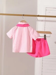 SHEIN Playful Pals 女婴两件套服装，粉色条纹衬衫 + 同款下装，时尚休闲风格，夏季 - 粉色 - 查看 2