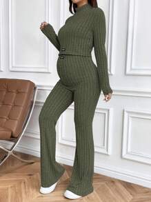 SHEIN Maternity Mock Neck Crop Top & Flare Leg Pants 2 Pieces Set - Army Green - View 1