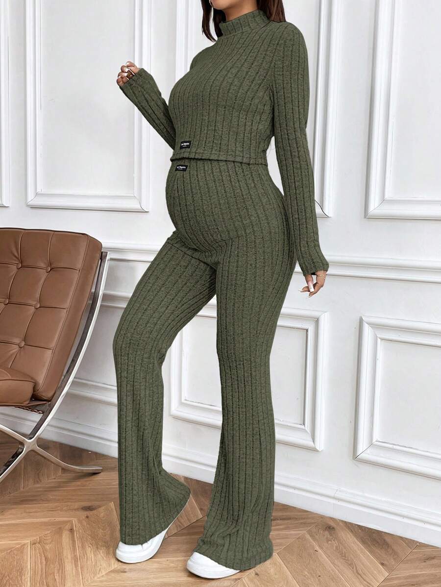 SHEIN Maternity Mock Neck Crop Top & Flare Leg Pants 2 Pieces Set - Army Green - View 1
