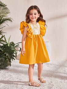 SHEIN Woven Solid Color Lace Ruffle Hem Bodycon Dress For Young Girls - Yellow - View 3