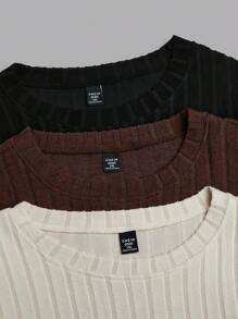 SHEIN LUNE Plus Size Basic Crew Neck Long Sleeve Fuzzy Striped Warm 3-Piece T-Shirt Set, Autumn/Winter