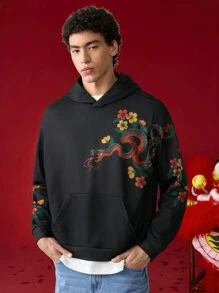 Manfinity VCAY Men's Knit Loose Fit Casual Sweatshirt Long Sleeve Sweatshirt, Fashion & Young Style , Snake Printed Sweatshirt, Simple Casual Top, Suitable For Daily Wear During The Lunar New Year Men Chinese New Year, For Fall Winter - Black - View 4