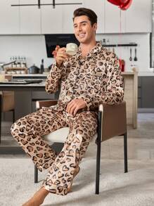 Men's Leopard Print Faux Silk Pajama Set With Collar And Button - Camel - View 4