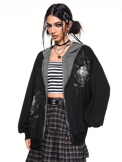 ROMWE Avant Sweat-shirt femme rétro Y2K 2 en 1 patchwork épine de ronce et croix de strass