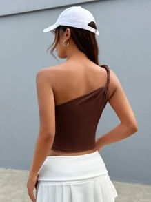 SHEIN EZwear 不对称肩部上衣，纯色露肩，简约休闲和日常穿着 - 巧克力棕 - 查看 2