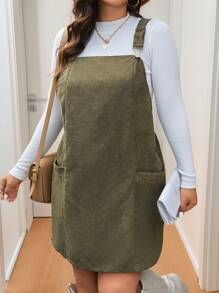 SHEIN LUNE Plus Size Fall And Winter Women Dresses Adjustable Strap Casual Overall Dress With Pockets Fall New Years Women Holiday Party Dress - Green - View 6