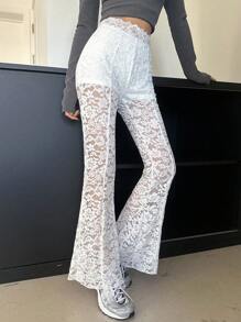 DAZY Pantalones con diseño sexy, de encaje ajustado con pierna acampanada para mujer, color blanco, para todas las estaciones