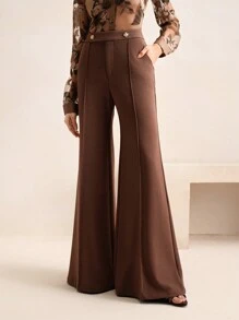 Anewsta Fashionable & Versatile Women Metal Buckle Flare Leg Pants, Business Casual Spring/Summer - Mocha Brown - View 5