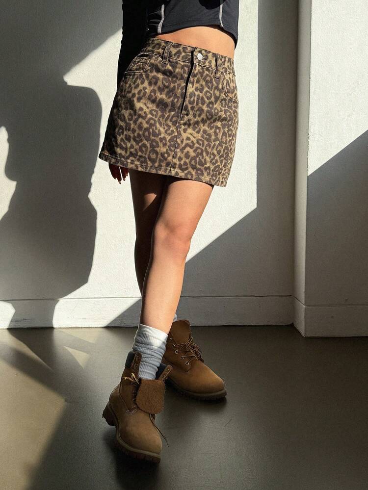 Women's Leopard Print Front Button Pocket Casual Denim Skirt Jeans Skirt