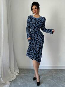 Chiquease Autumn & Winter New Leopard Print Vintage Bodycon Sweater Dress For Women - Royal Blue - View 4