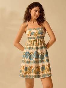 CAJUNI Vrouwen Boho Tropische Vogel & Bloemenprint Vakantie Casual Zomer Strand Mouwloos Vetersluiting Rugloos Korte Jurk
