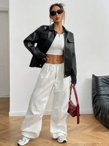 SHEIN Unity 女士 PU 皮革拉链斜口袋机车夹克，秋季 - 黑色 - 查看 4