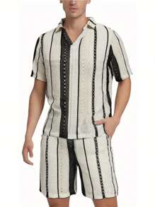Manfinity RSRT Conjunto Casual Masculino de 2 Peças, Top de Manga Curta Listrada e Short