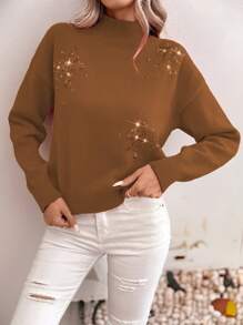 SHEIN LUNE Women's Beaded Decor Stand Collar Long Sleeve Casual Christmas Sweater Knit Pullover Fall Winter Sweater - Brown - View 4