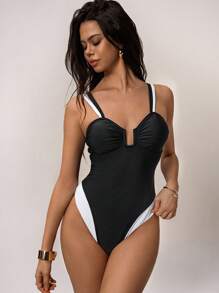 Forever 21 New Sleeveless One Piece Swimsuit With Black & White Color Block Design, One-Piece For Summer Beach Vacation - Black and White - View 6