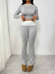 VaVaBold 2pcs Women Solid Crew Neck Long Sleeve Top And Pants Casual Set