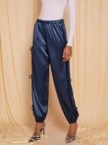 COSMINA 女士海军蓝优雅蝴蝶结设计西装裤，春夏 - 藍色 - 查看 5