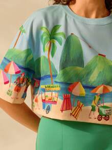 CAJUNI Women's Boho Tropical Beach Print Casual Loose Cropped Top, Summer Round Neck - Multicolor - View 4