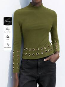 Maija Women's Olive Green Solid Color Modern Urban Design Puckered Decor Slim Fit Crew Neck Long Sleeve Casual Everyday T-Shirt Business Casual Women's Wear, Office Wear, Low-Key Old Money Style, Effortless Temperament, High-End Urban Commuting, The Same Style As The Editor-In-Chief Of The Magazine, Urban Social Vacation Party Wear, Charming, Low-Key And Durable Basic Style, Versatile And Not Picky Clothing, Street Fashion Wear, Clothing, Coffee Shop, Relaxed Wear