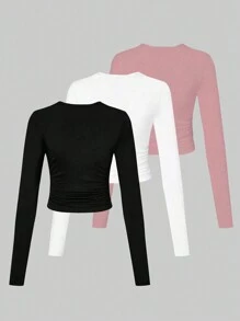 SHEIN LUNE 3入組素色側收褶短款T恤 - 粉色 - 查看 2