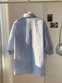 SHEIN EZwear 女士條紋單排釦休閒中袖襯衫 - 藍色 - 查看 2