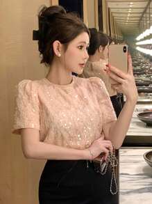 DAZY 女士亮片装饰泡泡袖圆领衬衫，适合度假和约会的闪亮上衣 - 粉色 - 查看 4