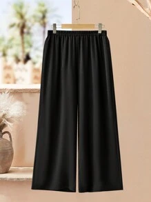 Lacomfia 2pcs/Set Plus Size Women Geometric Pattern Patchwork Elegant Vintage Long Sleeve Top And Wide Leg Pants - Black - View 3