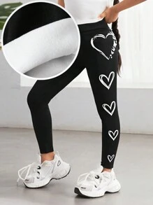 Young Girl Fashion Urban Heart Knitted Elastic Leggings ,Thermal Lined , High Waist,Great For Casual & Daily Wear & School Daily In Autumn Winter ,Mom And Daughter & Sisters  Matching.Sweet Cool Girl. - Black - View 2
