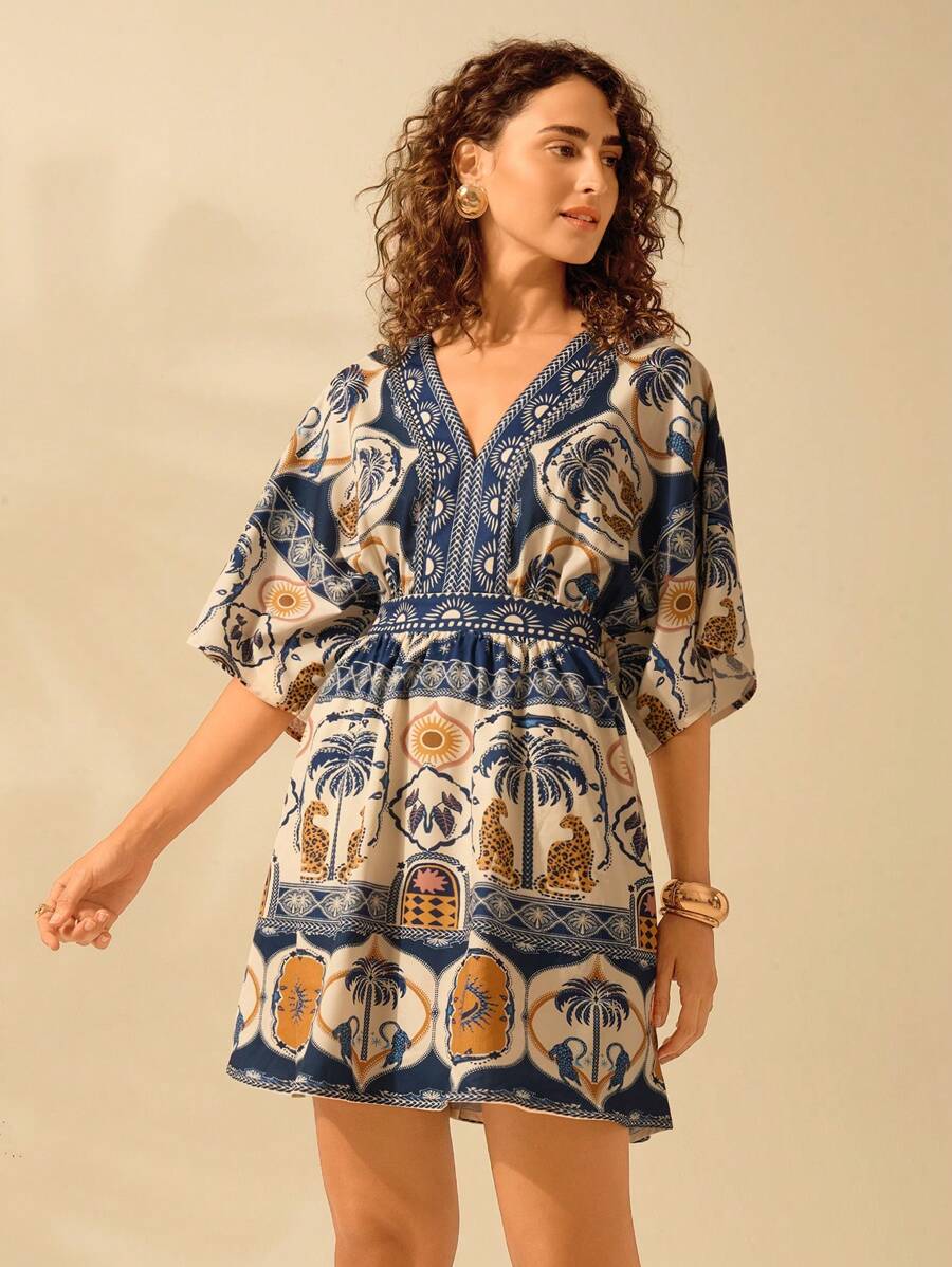 CAJUNI Women's Boho Tropical Sea Turtle, Leopard, Coconut Tree, Sunflower Print Casual Vacation V-Neck Loose Short Beach Dress, Summer - Multicolor - View 1