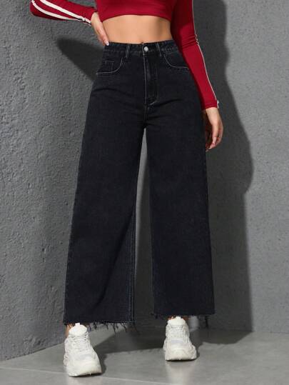 SHEIN PETITE Women's Fashion Casual Slant Pocket Frayed Hem Wide Leg Jeans