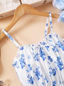 SHEIN Tween Girl Casual Everyday Ditsy Floral Loose Cami Dress,Holiday,Summer,Travel Summer Holiday - Blue - View 4