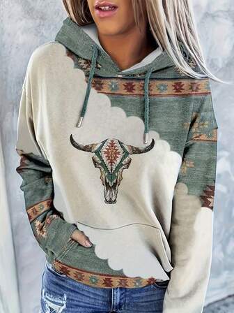 牛与地理印花袋鼠口袋落肩抽绳连帽衫，长袖上衣