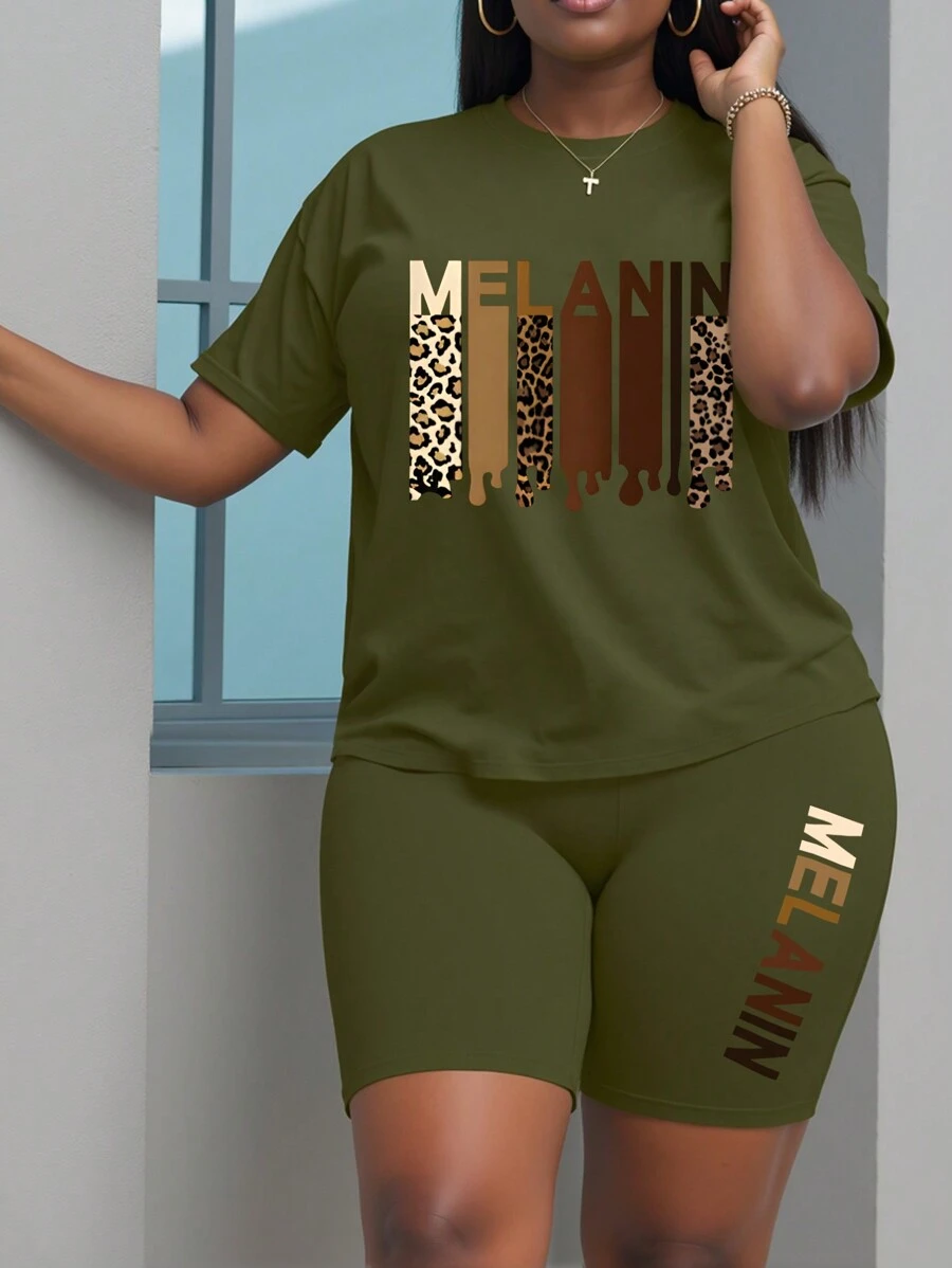 Calvaya Plus Size Women Simple Printed Letter Pattern Round Neck Short Sleeve T-Shirt And Shorts Set, Summer - Army Green - View 1
