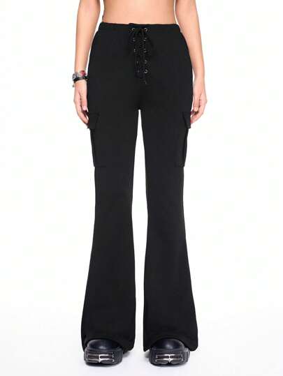 Street Punk Lace-Up Flare Leg Pants With 3D Pockets