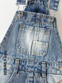 Salopette larghe casual da ragazza con fantasia strappata, stile strada, con bretelle regolabili, lavate - Blu lavato medio - Visualizzare 8