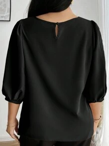 INAWLY Plus Size Solid Color Round Neck Casual Versatile Commuter Shirt - Black - View 2