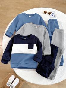 SHEIN Leap Crew Mua 1 Tặng 5 Bộ 6 món Áo nỉ dài tay cổ tròn màu trơn và tương phản phong cách thường ngày cho bé trai và quần nỉ cạp chun, thích hợp cho các dịp trở lại trường, sinh nhật, tiệc chào đón em bé, tiệc ngày lễ, mùa thu/đông, vải nỉ, dày dặn - Màu xanh bụi bặm - Xem 3