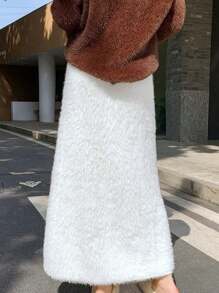 INAWLY 1pc Plus Size Solid Color Casual Long Knitted Skirt, Autumn/Winter