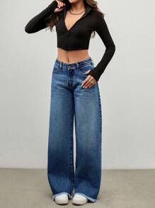 EURMUSE LOW WAIST DOUBLE STITCHED WAISTBAND WIDE LEG JEAN - Dark Wash - View 6