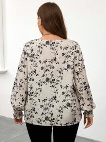 SHEIN LUNE Plus Size Vrouwen Bloemenprint V-hals Lange Mouw Losse Blouse, Herfst Romantische Casual Valentijnsdag Dameskleding Verjaardagsjurken Voor Vrouwen Nieuwjaar Dames Outfit Valentijnsdag Liefde Zomer/Lente Kleding