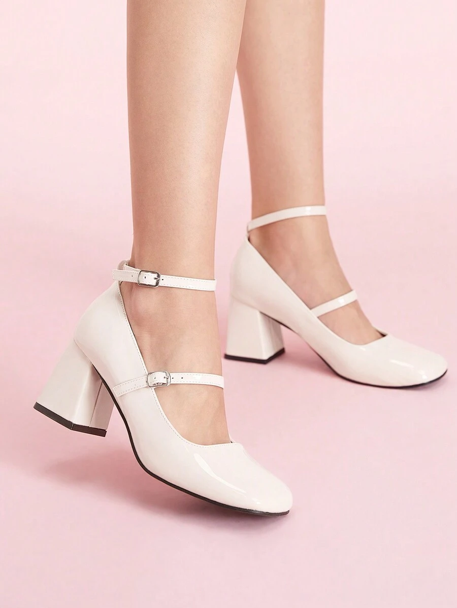 CUCCOO DOLLMOD Women's Sweet Buckle Strap Square/Round Toe Block Heel Patent Leather Mary Jane High Heel Shoes, Comfortable Classic For Dates & Romantic Events For Christmas And New Year Holiday Vibe Fall And Winter - Apricot - View 1