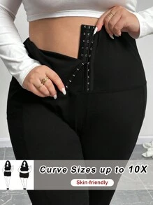 SHEIN CURVE+ Curve Plus Women High Waisted Elastic Tight Pants, Casual Daily/Outdoor/Yoga Leggings, Black, Moisture Wicking Fabric, Breathable, Stretchy, Button Closure, Shapewear Skinny Pants, Pockets Skinny Pants - Black - View 1