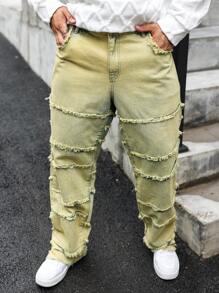 Manfinity EMRG Plus Size Men's Pockets Simple Frayed Edge Casual Jeans - Yellow - View 8