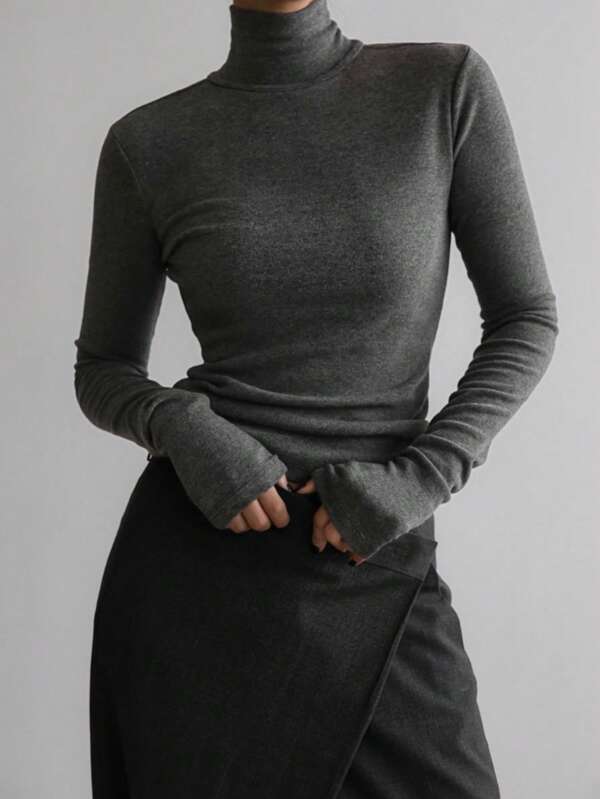 DAZY Women Solid Color Fitted Turtleneck Backless Long Sleeve T-Shirt, Spring/Summer