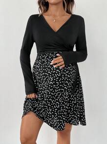 SHEIN Maternity Nursing Dress With Heart Print Patchwork, Wrapped Ruched Waist, Elegant - Black - View 3