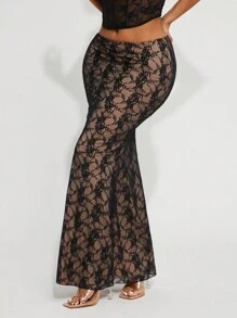 SHEIN SXY 优雅黑/裸色透明蕾丝鱼尾裙，秋冬 - 黑色 - 查看 3